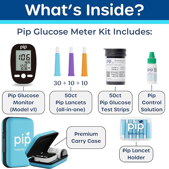 Pip Blood Glucose Monitor Kit with Preloaded Safety Lancets - Complete Diabetes Testing Kit for Blood Sugar Monitoring | No Lancing Device, Virtually Painless | 50 Test Strips, Lancets & Travel Case