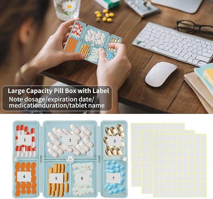 JEPELUS 2 Pack Travel Pill Organizer with Labels, 7 Compartments Moisture Proof Medicine Organizer Pill Box for Purse, Portable Medication Travel Case for Daily Vitamin Supplements(Pink/Blue)