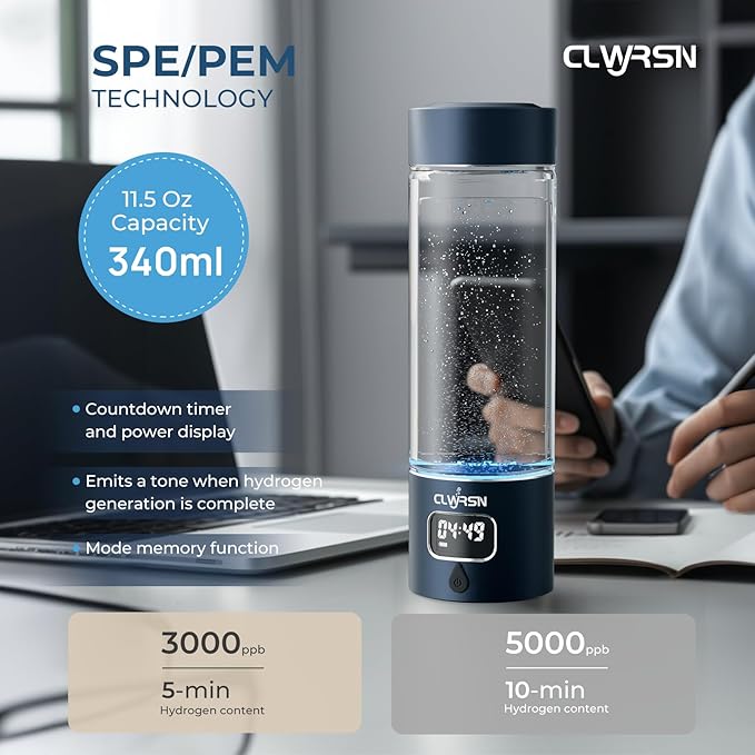 Hydrogen Water Bottle Generator, SPE/PEM Tech, Dual-Thread Quick-Open Cap, Bottom Vent Design, USB-C Rechargeable, LED Timer, Borosilicate Glass, 11.5oz (Blue)