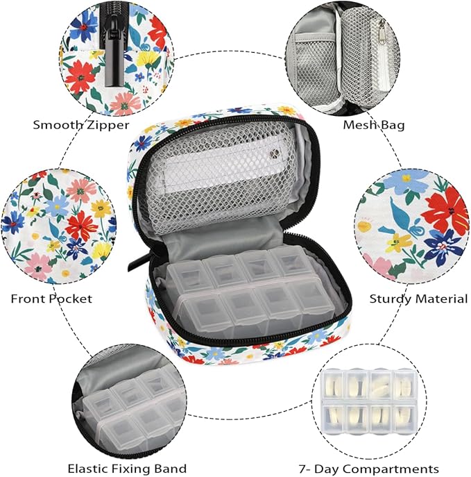 Wildflowers Watercolor Pill Case Everyday Travel, 7 Day Weekly Medicine Pill Box Compact Portable Pills Bottle Organizer with Zipper for Daily Vitamin Medicine Holder Bottle Organizers Bag