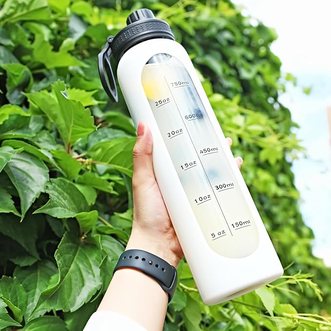 GIEMIT Glass Water Bottles 32oz with Silicone Sleeve Drinking Hydration Bottles Reusable Borosilicate Wide Mouth Motivational Water Flask Canteen with Time Marker Spout Lid and Brush (White - 32 oz)