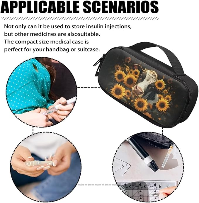 Cow Sunflowers Insulin Cooler Travel Case with Handle Waterproof Portable Medication Insulated Diabetic Carrying Cooling Bag for Insulin Pen, Needles, Travel and Daly Life Use
