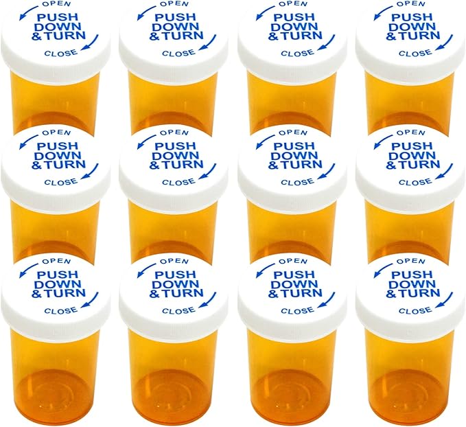 Pill Bottles with Child Resistant Cap, Prescription Vials - Push Down and Turn - Empty Medicine Plastic Containers Safety Cover for Personal Medication & Pharmacy (20dram, Amber, 12pcs)