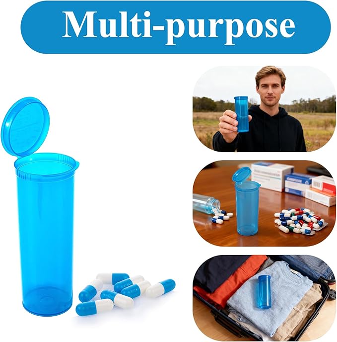 8Pcs Child-Resistant 60 Dram Pop-Top Vial with Hinged Lid Airtight Plastic Empty Pill Bottles,Travel Pill Bottle for Supplements, Vitamins & Medicines(Blue Transparent)