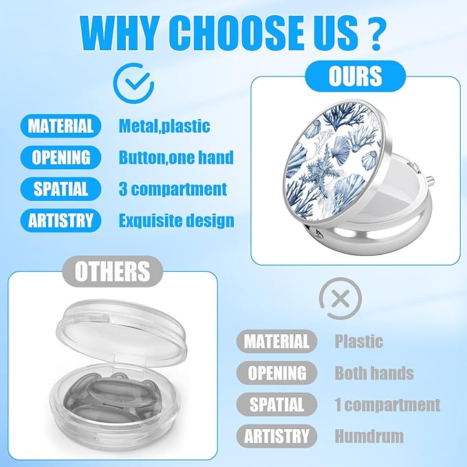 Pill Box, 3 Compartments Small Pill Case Travel Portable Metal Medicine Box with Mirror Mini Container for Purse Pocket Women Men（Starfish Seashell）