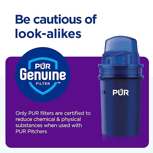 PUR 11-Cup Water Pitcher, 1 Genuine PUR Filter, Cleaner, Great-tasting Water, Dishwasher Safe, Powerful Filtration, Filter Change Light Indicator, LockFit Cap Design - White