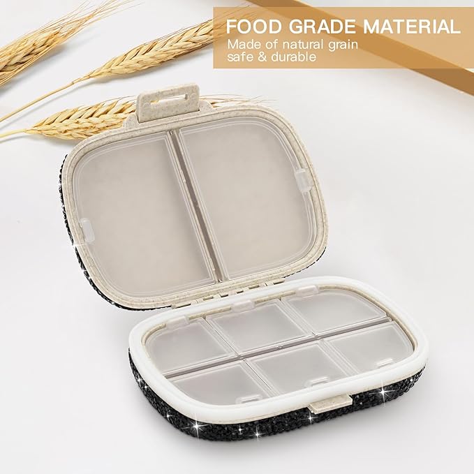 Soleebee Portable 8 Compartments Daily Pill Organizer, Bling Crystal Diamond Pill Box, Small Travel Pill Case, Pill Dispenser, Medicine Container Organizer to Hold Vitamin, Fish Oil (Black)