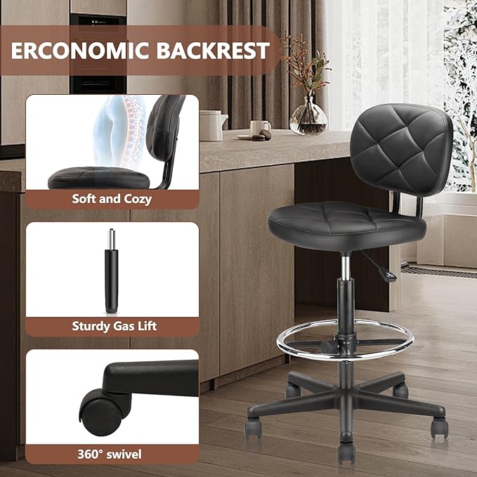 Leather Drafting Stool Chair with Ergonomic Backrest & Footrest, Padded Seat Adjustable Height 360° Swivel Rolling Stools, Tall Office Chair for Standing Desk, Shop, Drawing, Black, 2 Pack