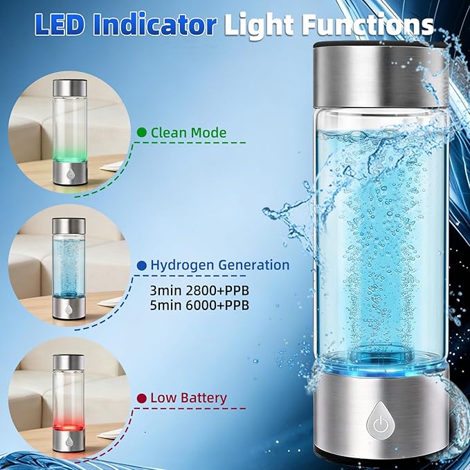 Hydrogen Water Bottle Generator 3 in 1, Hydrogen Water Mark Up to 4000PPB, SPE/PEM Tech-3 Min Hydrogen Rich for Drinking and Inhalation, Auto Clean, Portable for Home Gym Office Travel (16OZ,Sliver)
