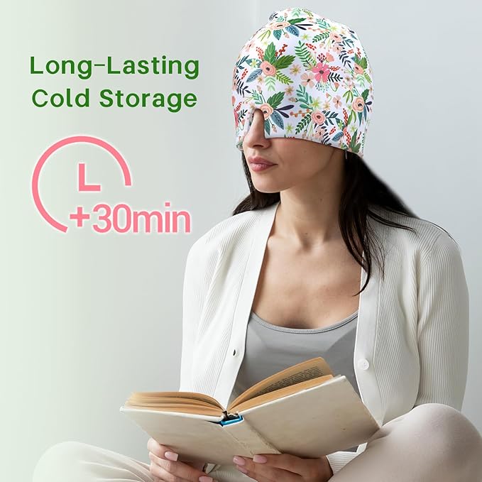 ZNÖCUETÖD Migraine Headache Relief Cap Hat, Head ice Pack Wrap Cooling Gel Ice Beanie Cold Cap Hot/Cold Compress Therapy for Sinus, Stress, Tension, Head Pain Relief - Reusable Gift for Women (White)
