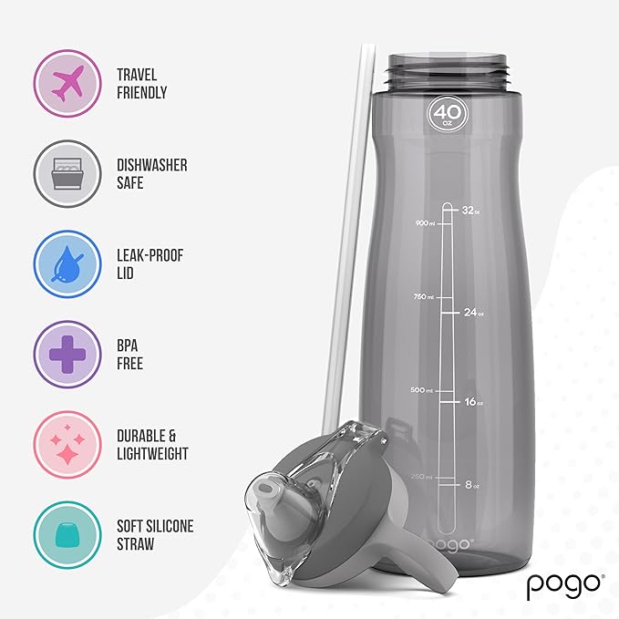 Pogo Plastic Water Bottle with Straw Lid and Carry Handle, Reusable, BPA Free, Dishwasher Safe, Perfect for Travel, School, Outdoors, and Gym | 32oz, 40oz
