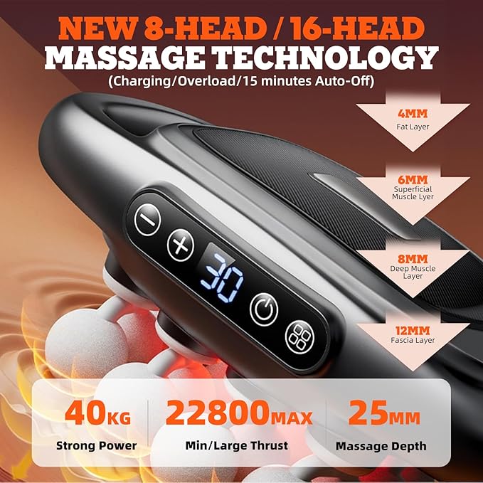 2026 New 16-Head Deep Tissue Percussion Massage Gun – Quiet Muscle Massager for Full Body, Up to 30 Intensity Levels, Cordless Rechargeable for Back, Legs, Shoulders & Recovery.Black