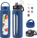 Kodrine 24oz Glass Water Bottle With Straw-2 lids-Reusable Daily Water Intake Glass Bottle with Measurements,Silicone Sleeve, Time Marker, Cupholder Friendly for Home,Gym,Sports-Blue