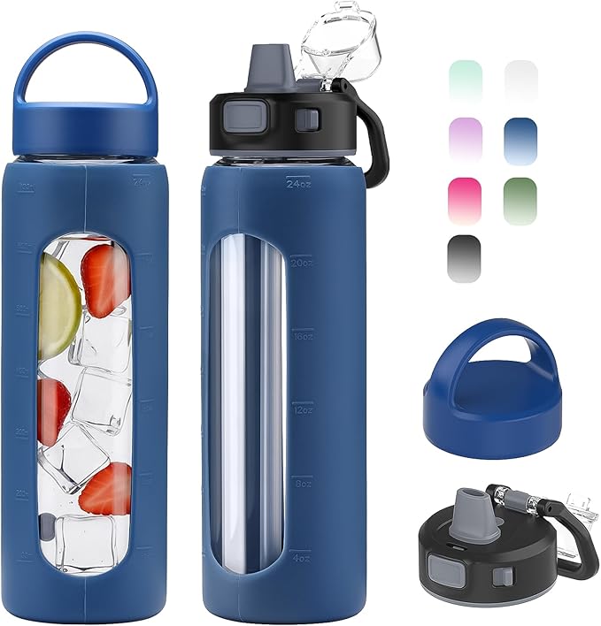 Kodrine 24oz Glass Water Bottle With Straw-2 lids-Reusable Daily Water Intake Glass Bottle with Measurements,Silicone Sleeve, Time Marker, Cupholder Friendly for Home,Gym,Sports-Blue