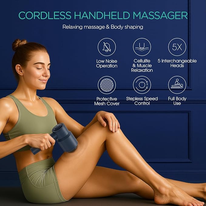 VOYOR-HEALTH Handheld Cellulite Massager, Electric Cellulite Remover Body Sculpting Massage with 5 Replaceable Heads for Arm,Thigh,Calves, Cordless & Rechargeable Deep Tissue Massager CM410 (Blue)
