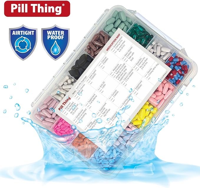 Pill Thing Large Monthly Pill Organizer with Built-in Handle - Medicine Organizer Pill Case with Deep Compartments and Airtight lid - Travel Pill Box