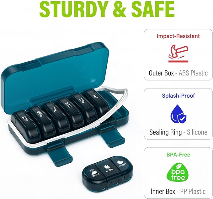 Vikie Weekly Pill Organizer 3 Times a Day with Morn NOON Night Sections, BPA-Free, Portable & Moisture-Proof for Pills, Vitamins, Supplements (3x7 Blue)