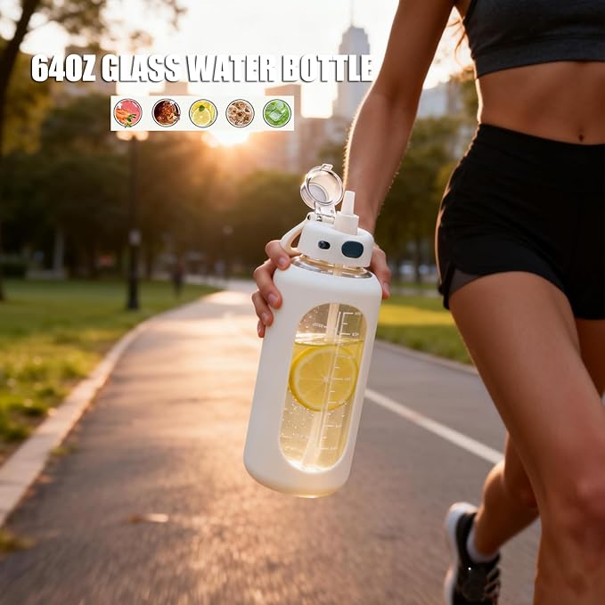 SIEROZUR 64 oz Glass Water Bottle with Straw and Handle Half Gallon Large Water Bottle with Silicone Sleeve and Time Marker Sports Water Jug Wide Mouth for Travel Gym