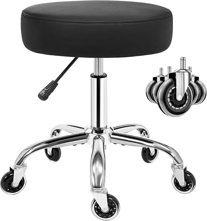 ANWBROAD Round Rolling Stool with Wheels Height Adjustment 360° Swivel Stool Heavy Duty Wide Chair PU Leather Soft Seat Cushion for Massage, Salon, Bar, Home, Office, Tatoo, Medical, Black UWSC001B