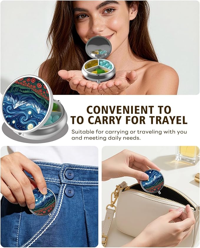 LRITER Pill Case, Portable Travel Pill Box, Pillbox Organizer, Cute Small Medicine Storage Container, Purse Accessories for Women, Men (Starry Sky)