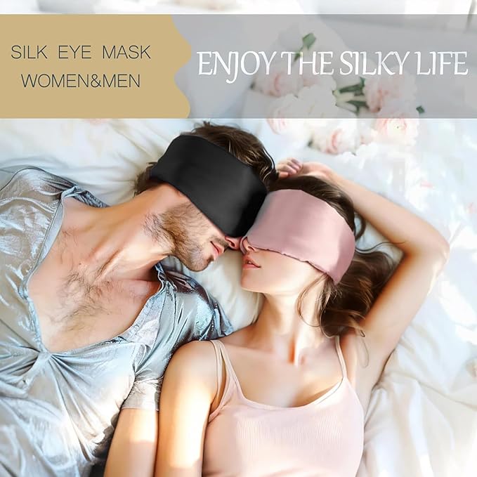 Silk Eye Mask for Sleeping 2 Pack, 100% Natural Silk Sleep Masks for Women Men, Soft Pressureless Cooling Blackout Satin Eye Mask Fits All Heads with Adjustable Strap for Home & Travel