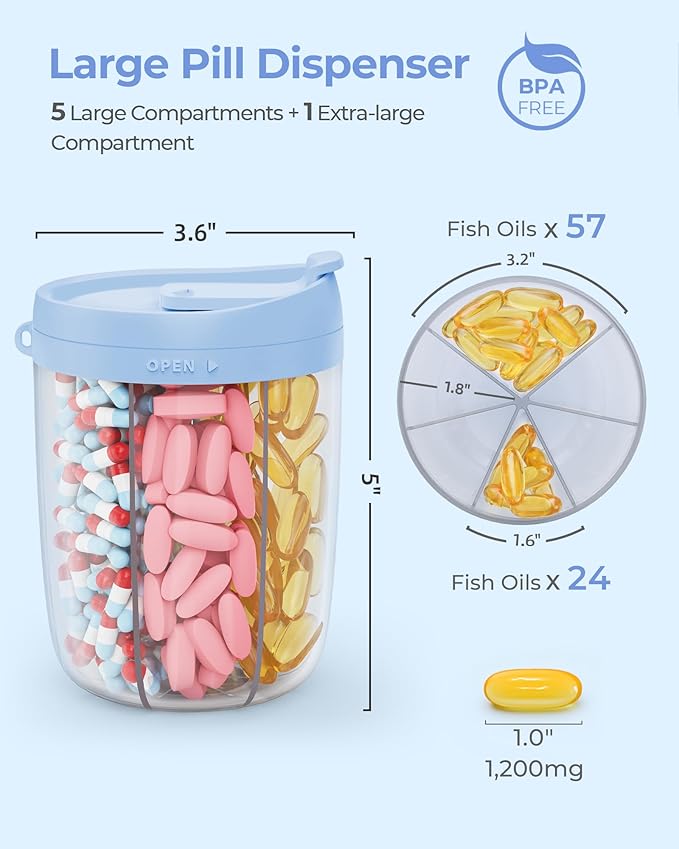 Large Pill Dispenser with 6 Compartments, Anti-Mix Pill Bottle Organizer with Wide Opening & Easy Retrieval, Vitamin Organizer for Travel, BPA-Free Pill Box with a Strap, Blue