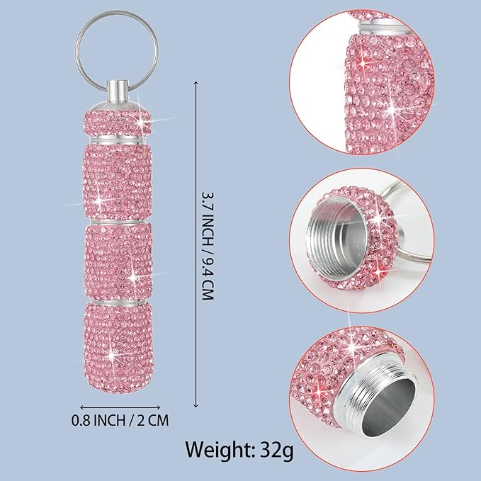 Bling Pill Case Portable Travel Pill Container Bottle Rhinestone Waterproof Small Pill Holder with Keychain Cute Mini Pill Storage Box for Outdoor Camping (Pink)