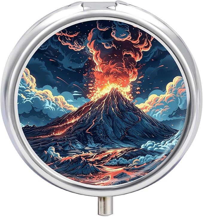 Depicts A Volcano Pill Box Travel Pill Case for Purse Pocket Weekly Medicine Organizer with Mirror 3 Compartment Round Medicine Case Portable PillcaseHolder for Daily