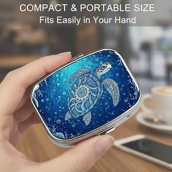 Square Pill Case Small Pill Box with Mirror Pocket 2 Compartment Vitamin Pill Medicine Case Organizer Pill Containers for Traveling Wave Sea Turtle