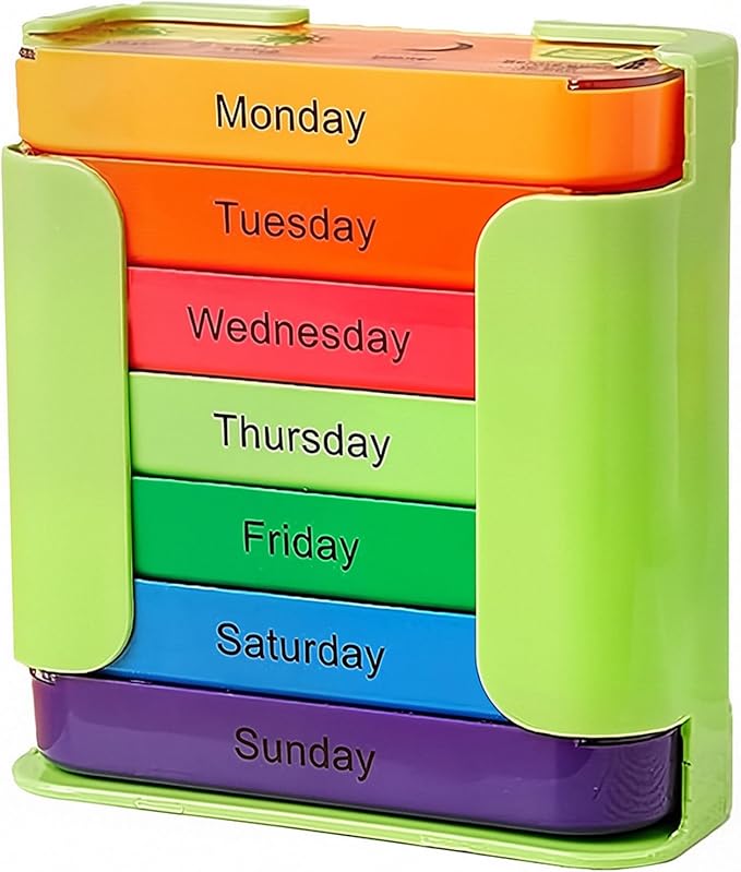 Stay on Track 7-Day Medication Organizer - for Effortless Health Management, Large Weekly Pill Organizer with 4 Times a Day Compartments, Stackable Pill Organizer for Vitamins & Supplements (Green)