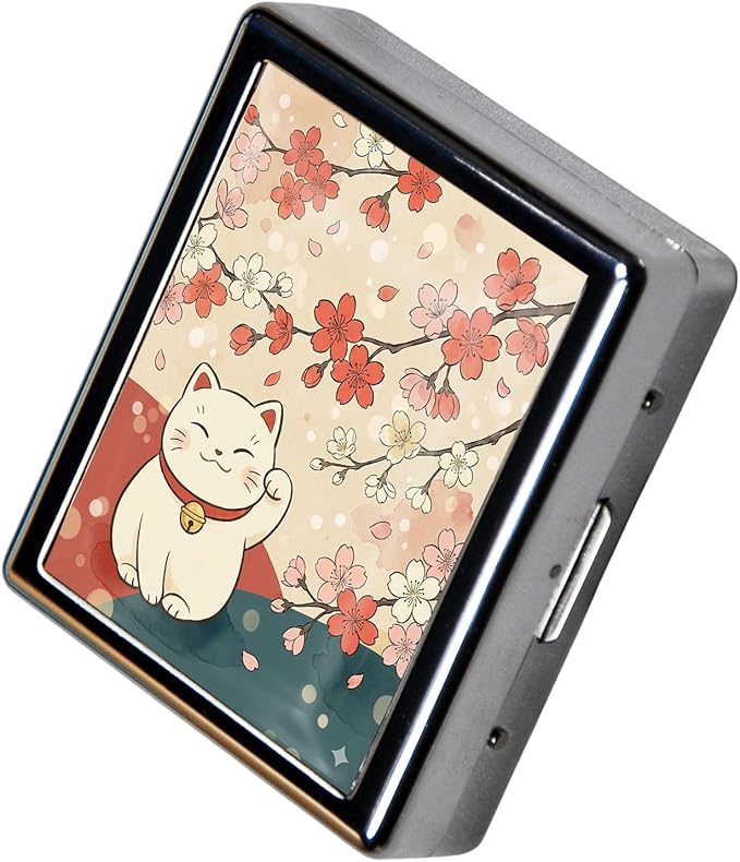 Metal 7 Day Pill Organizer, Weekly Pill Case with 8 Compartments, Travel Pill Box for Purse & Pocket, Small Medicine & Vitamin Organizer with PP Dividers (Sakura Lucky Cat)