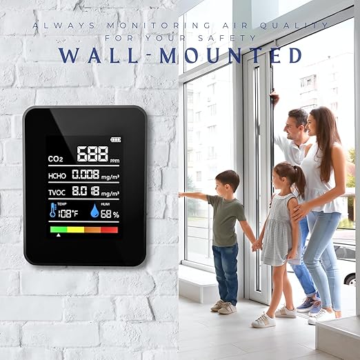 CO2 Detector Air Quality Monitor Indoor,5-in-1 Formaldehyde/CO2/TVOC/Temperature (°F/°C)/Humidity Monitor,Portable Carbon Dioxide Detector for Home,Office,Indoor Air Quality Safety Monitoring (Black)