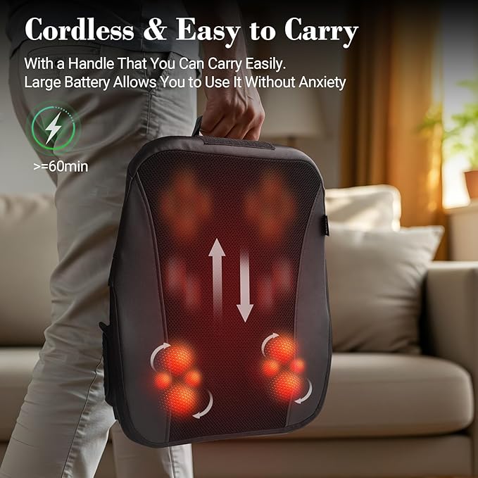 HSA Approved Cordless Shiatsu Back Massager - FSA Eligible Lower Back Massager for Pain Relief Deep Tissue, Movable Massage Head, Lumbar Massager with Heat, Rechargeable Massager