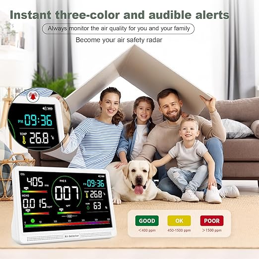 16-in-1 Air Quality Monitor Indoor, 7" Display with 9 AQI Metrics & 7 AQI Alarms, Monitors CO2, PM2.5, PM1.0, PM10, HCHO, TVOC, Temperature, Humidity & AQI, Time, for Home,Office, Car, Plants & Pets