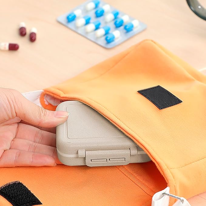 2-Pack Daily Pill Organizer, Wheat Straw Fiber Portable Medicine Case with 3 Removable Compartments & Labels (Beige/Pink)