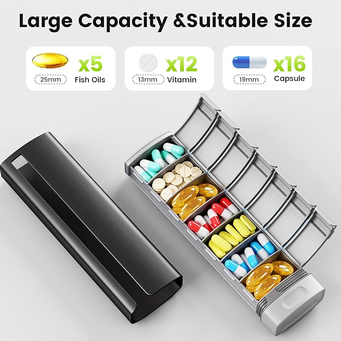Daviky Travel Pill Organizer - Premium Aluminum 7 Day Weekly Pill Organizer, Daily Pill Case Spill Prevention, Stylish Pill Holder 7 Day Capacity for Medicine, Supplements and Vitamins (Black)