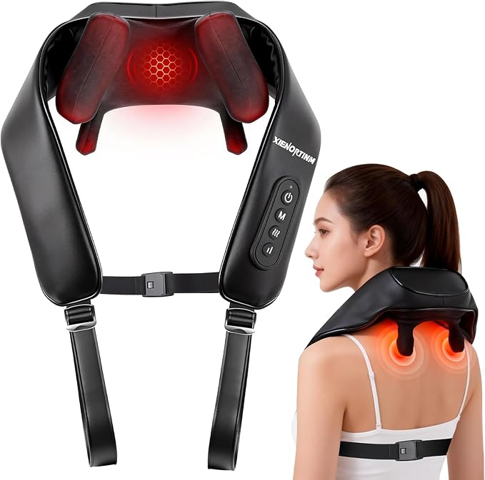Shiatsu Neck and Back Massagers with Heat, Cordless Rechargeable 4D Kneading + Tapping Wearable Massager, 3 Tapping Intensities, 3 Speeds, Ultra-Quiet Under 45dB for Deep Muscle Relief