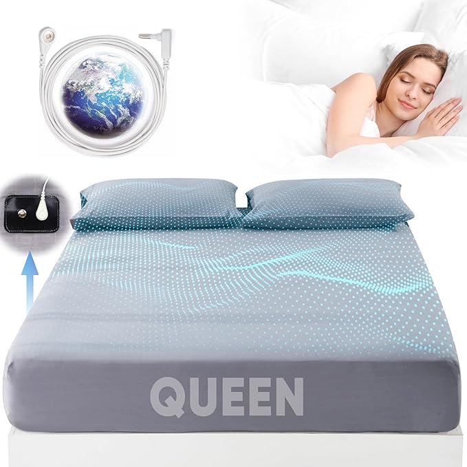 Grounding Sheet Queen Size - 95% Organic Cotton + 5% Pure Silver Fiber, Earth Connected Bedding (60"x 80"x 13" Gray) Fitted with Cord