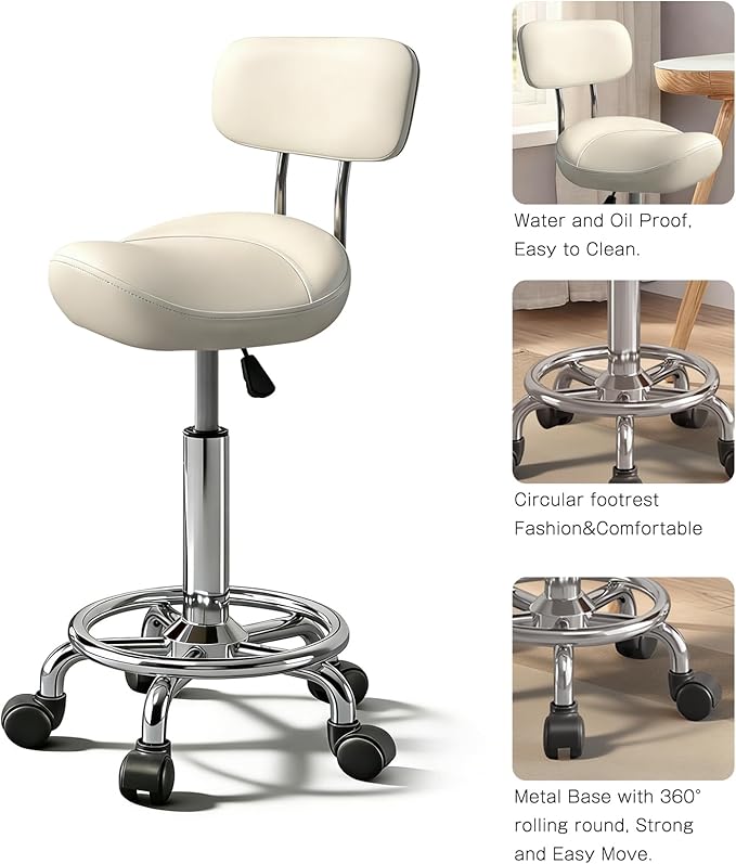 Saddle Stool with Ring Pedal and Back, Adjustable Hydraulic Rolling Chair with Wheels for Medical, Massage, Salon, Spa, Kitchen, and Drafting Use