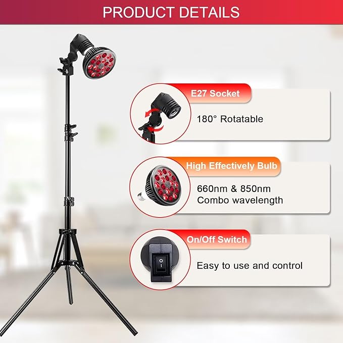 Wolezek LED Red Light Lamp with Stand, Adjustable Tripod 15"-61", 18 LEDs 660nm & 850nm Combo, E26 Standard Socket, Aluminium Shell, Black