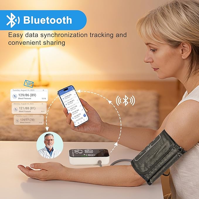 Blood Pressure Monitor Upper Arm - Bluetooth iOS & Android Compatible One-Button Operation Voice Broadcast Large LED Display Backlit 2x120 Memory Adjustable Cuff 8.7"-16.5" with Storage Bag Black