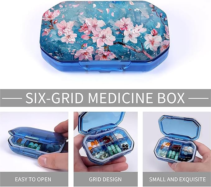 This Watercolor Style Cherry Blossom Tree Pattern 6 Compartment Pill Box Can Be Placed in A Pocket Or Wallet to Store Vitamins, Medicines Other Medications.