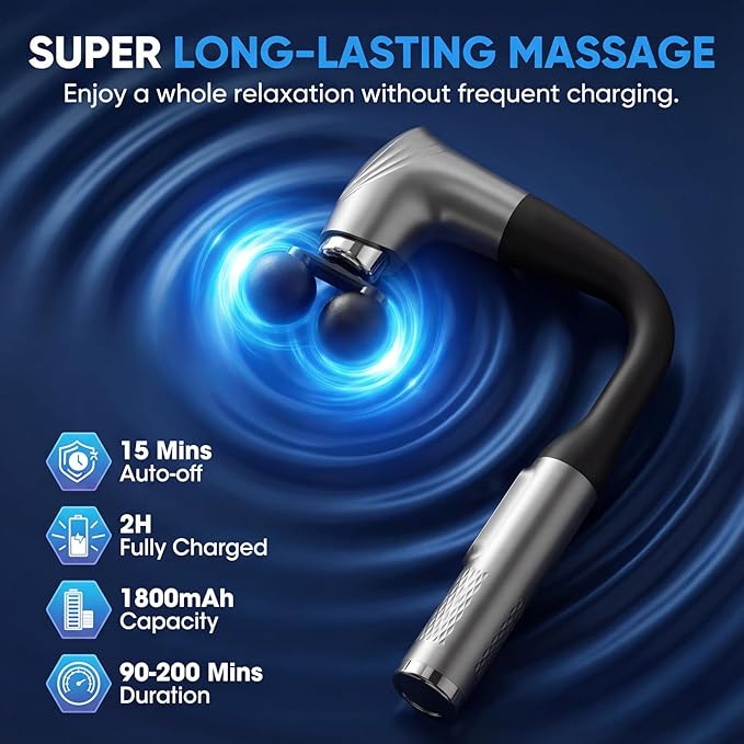 Long Handle Massage Gun for Back and Shoulders, Ergonomic Extended Reach Deep Tissue Massager, U-Shaped Dual Head Percussion Muscle Massager, 12 Speeds with 5 Heads, Quiet & Cordless