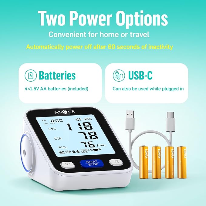 Runstar Upper Arm Blood Pressure Monitor with Wide Range Cuff (8.6'' -16.5'') for Home Use FSA&HSA Eligible, Automatic Digital BP Machine with Storage Bag, 2x99 Reading Memory
