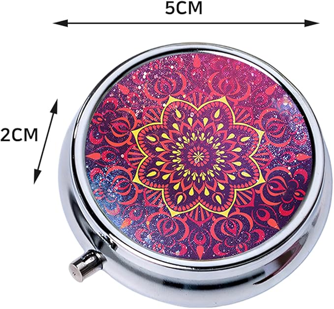 Small Pill Box with Mirror Mandala 3 Compartment Pill Holder for Purse or Pocket Bronze Portable Medicine Vitamin Container Fish Oil and Supplement Storage BPA-Free(Illuminating Fuchsia)