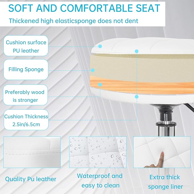 PU Leather Rolling Stool Height Adjustable Round Swivel Stools for Spa Salon Massage Work Chair with Foot Rest White