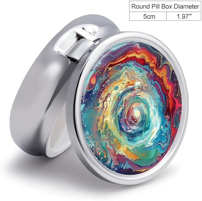 Colorful Abstract Swirls Pill Box Travel Pill Case for Purse Pocket Weekly Medicine Organizer with Mirror 3 Compartment Round Medicine Case Portable PillcaseHolder for Daily