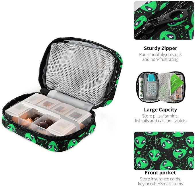 Green Alien Pill Box 7 Day Pill Case Travel Pill Organizer Bag Container for Medicine with Zipper Portable Weekly Case Compact Size for Medicine, Vitamin, Supplement