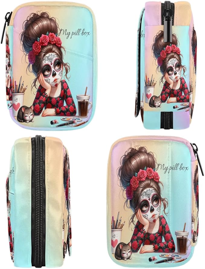 Red Rose Girl Skull Travel Pill Organizer Box Weekly Portable Pill Case Daily Pills 7 Day Small Birth Control Pills Container Removable Compartments for Medicine Vitamins Fish Oil