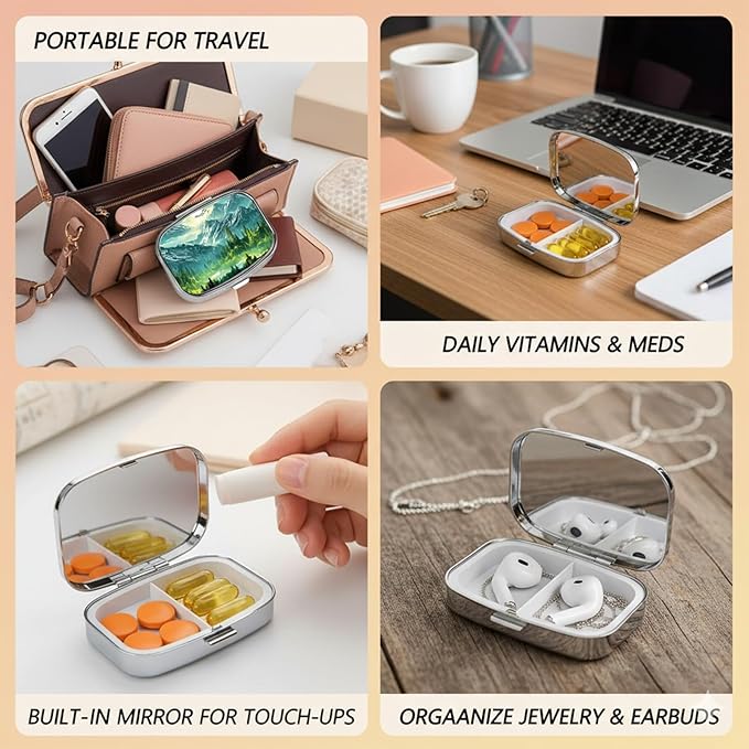 Square Pill Case Small Pill Box with Mirror Pocket 2 Compartment Vitamin Pill Medicine Case Organizer Pill Containers for Traveling Coniferous Forest Mountain Range
